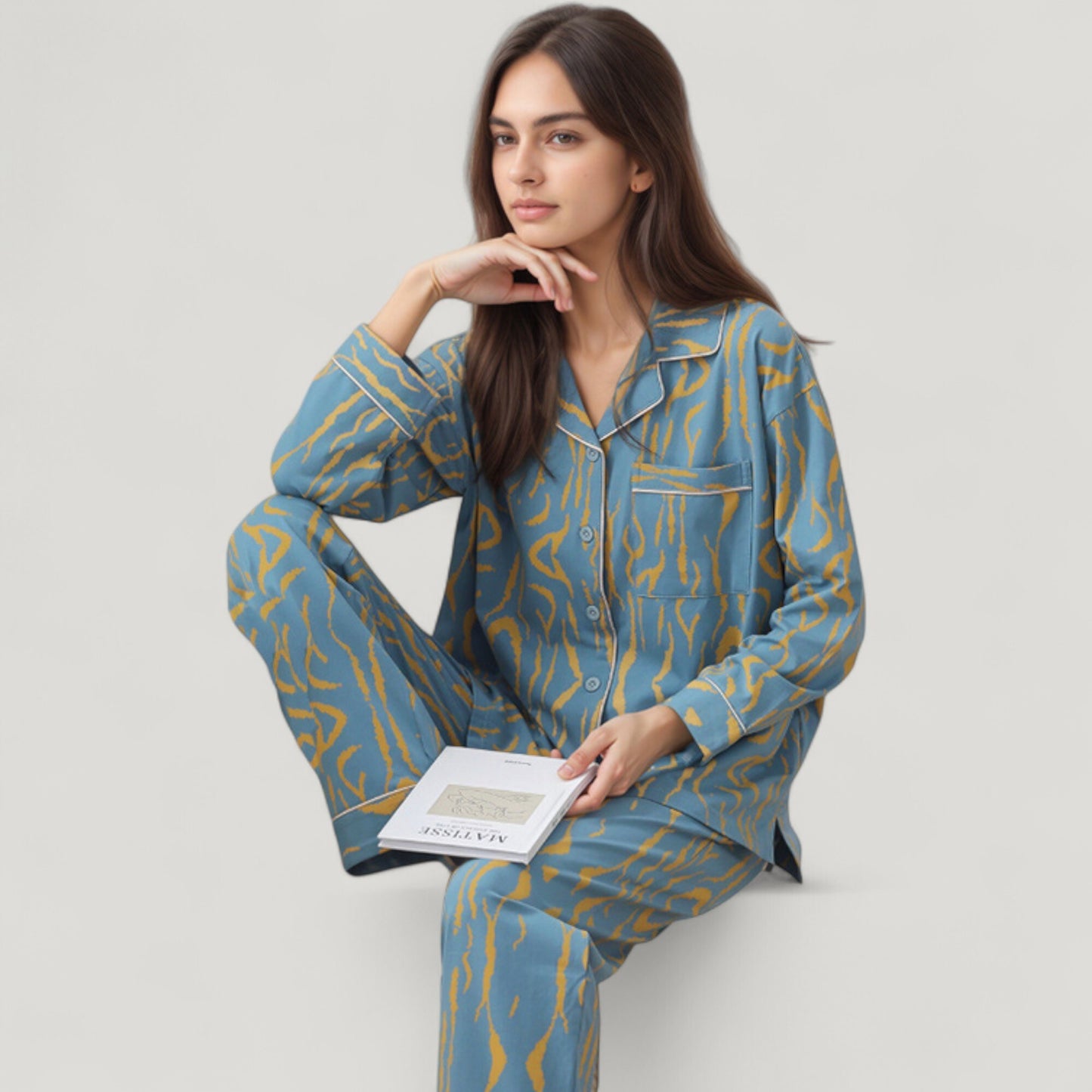Abstract Pattern Pajama Set Long Sleeve Button Front Top with Matching Relaxed Fit Lounge Pants