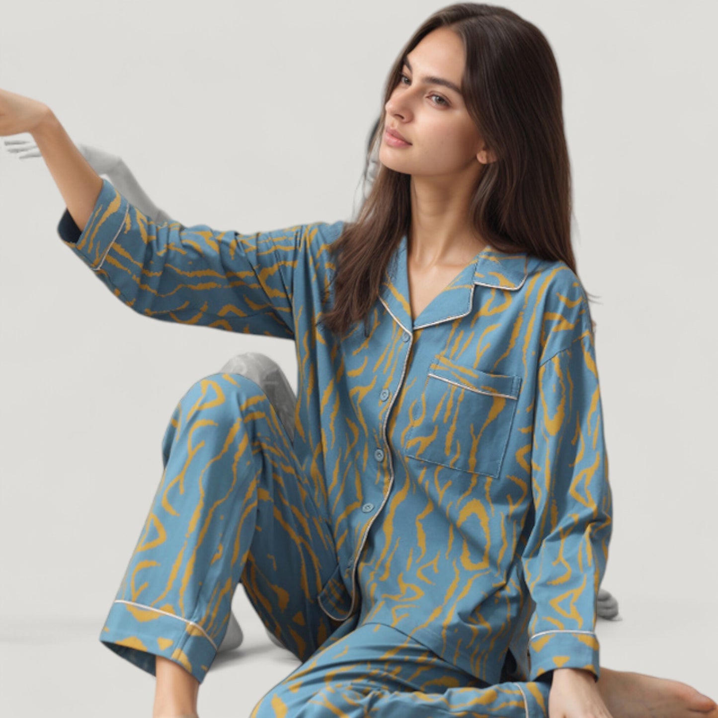 Abstract Pattern Pajama Set Long Sleeve Button Front Top with Matching Relaxed Fit Lounge Pants