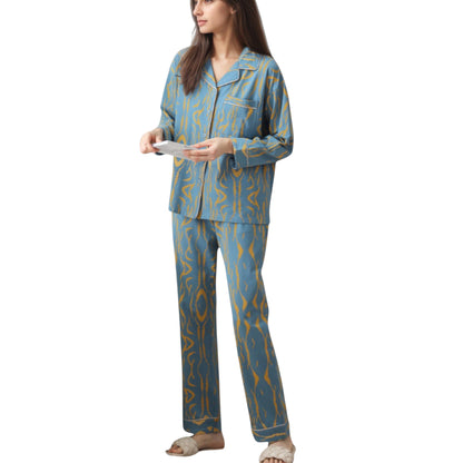 Abstract Pattern Pajama Set Long Sleeve Button Front Top with Matching Relaxed Fit Lounge Pants