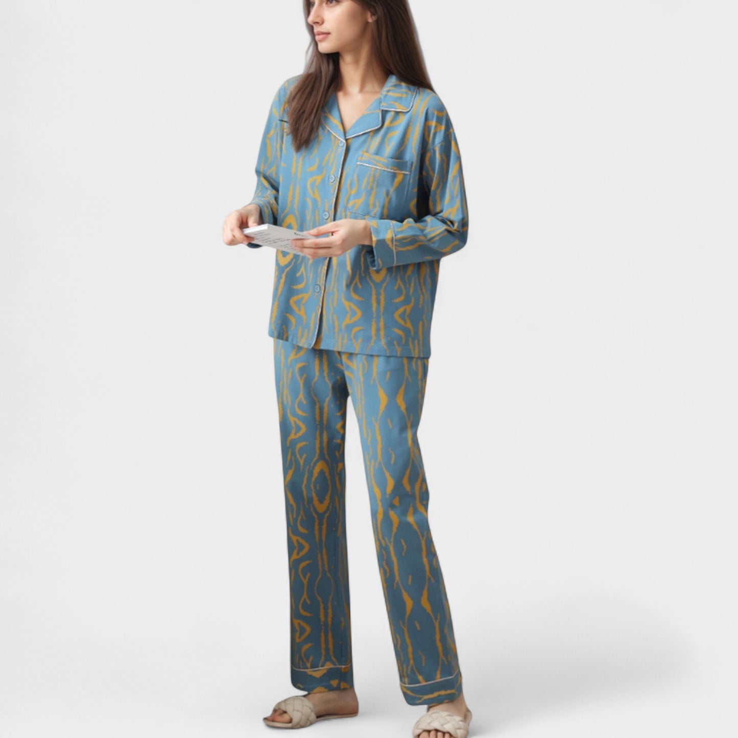Abstract Pattern Pajama Set Long Sleeve Button Front Top with Matching Relaxed Fit Lounge Pants