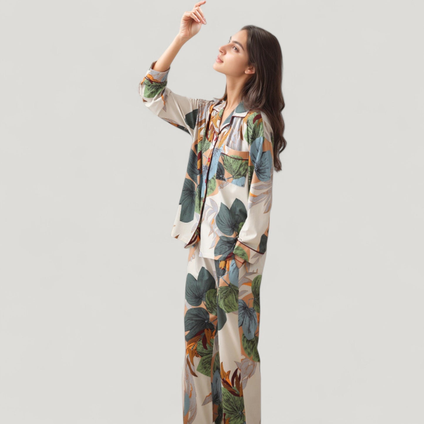 Abstract Pattern Pajama Set Long Sleeve Button Front Top with Matching Relaxed Fit Lounge Pants
