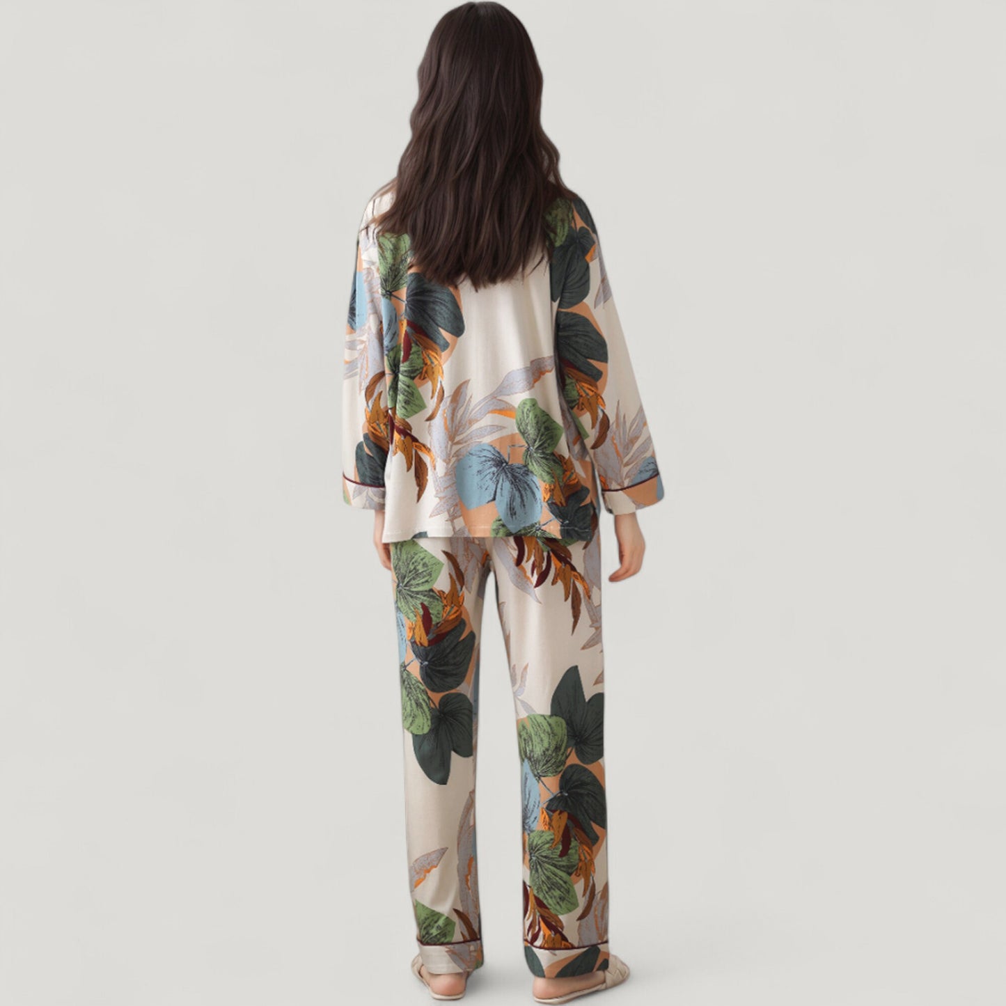 Abstract Pattern Pajama Set Long Sleeve Button Front Top with Matching Relaxed Fit Lounge Pants