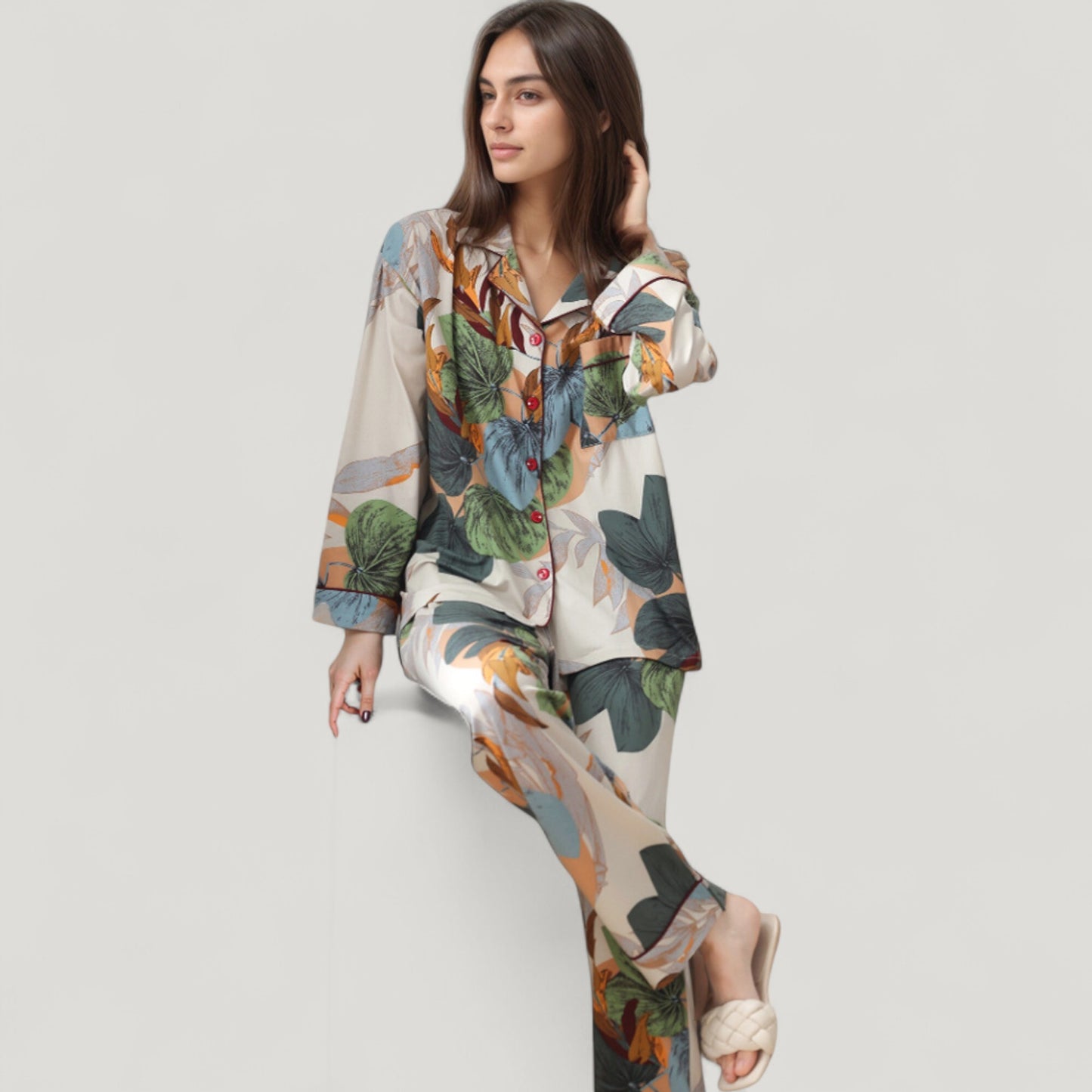 Abstract Pattern Pajama Set Long Sleeve Button Front Top with Matching Relaxed Fit Lounge Pants