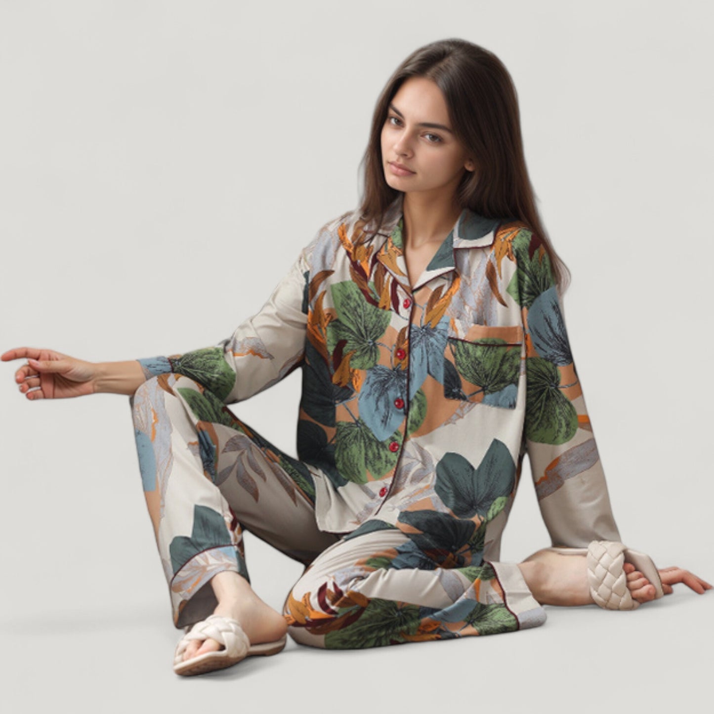 Abstract Pattern Pajama Set Long Sleeve Button Front Top with Matching Relaxed Fit Lounge Pants