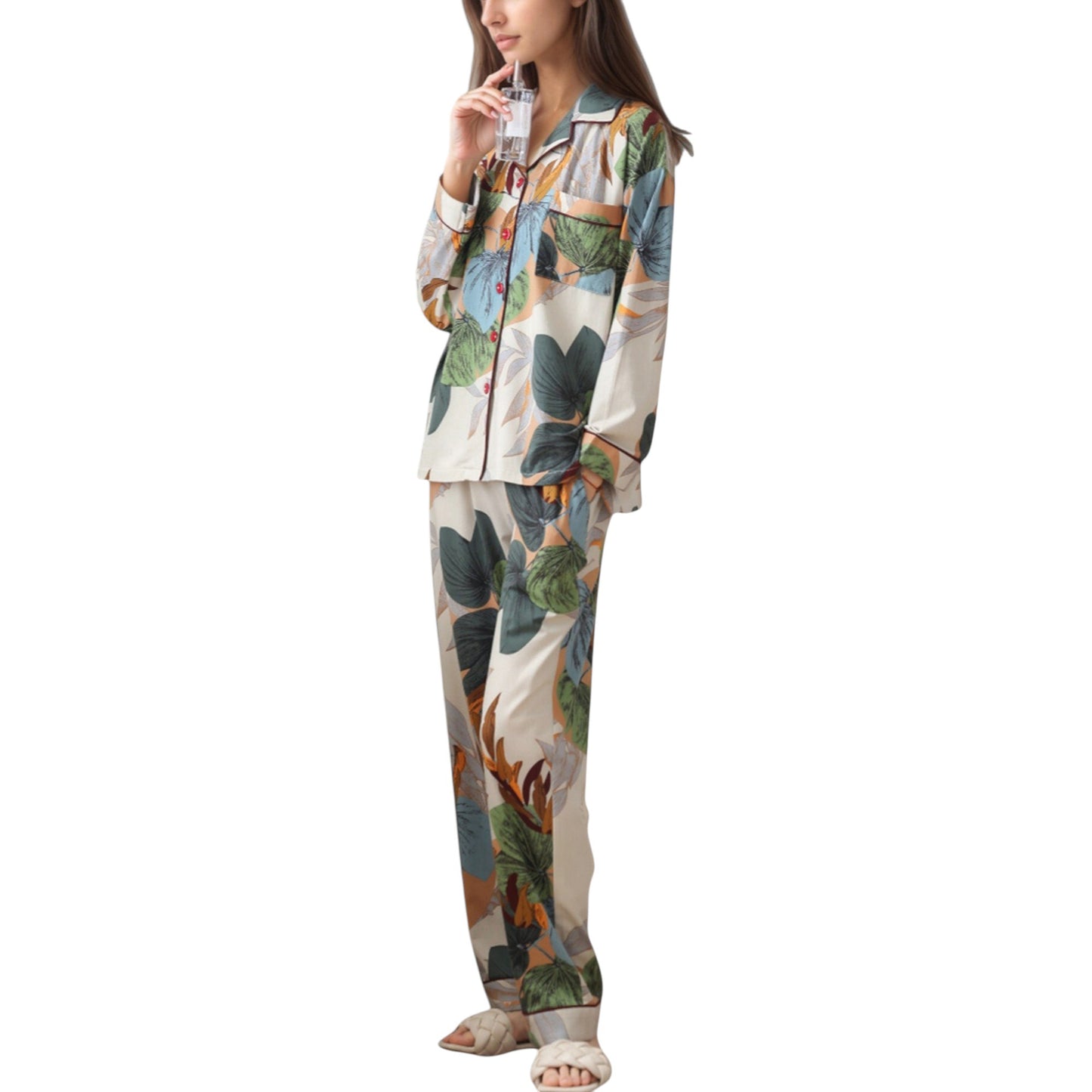 Abstract Pattern Pajama Set Long Sleeve Button Front Top with Matching Relaxed Fit Lounge Pants