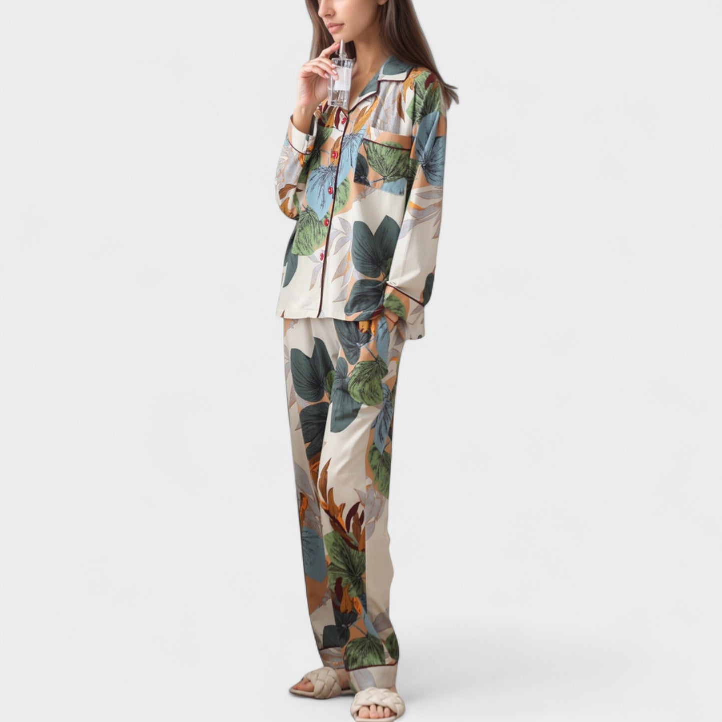 Abstract Pattern Pajama Set Long Sleeve Button Front Top with Matching Relaxed Fit Lounge Pants
