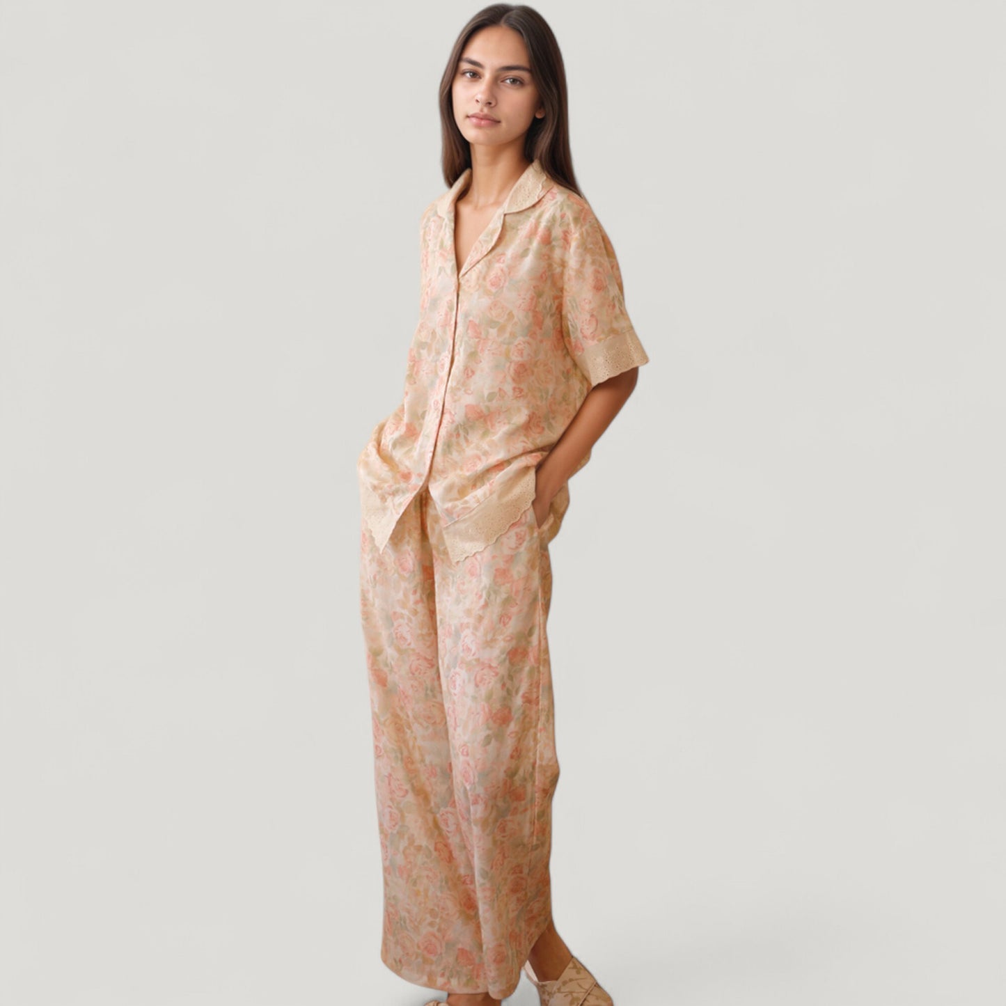 Floral Lace Trim Pajama Set Short Sleeve Button Top with Matching Wide Leg Lounge Pants
