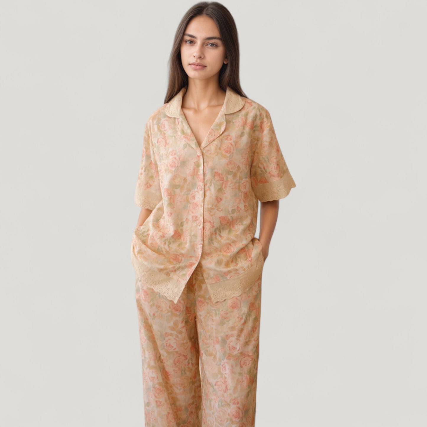 Floral Lace Trim Pajama Set Short Sleeve Button Top with Matching Wide Leg Lounge Pants