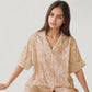 Floral Lace Trim Pajama Set Short Sleeve Button Top with Matching Wide Leg Lounge Pants