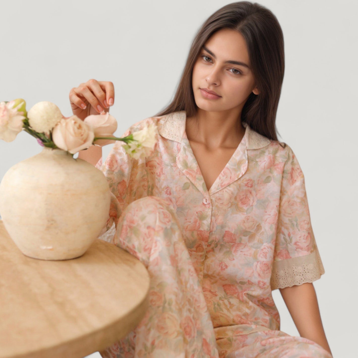 Floral Lace Trim Pajama Set Short Sleeve Button Top with Matching Wide Leg Lounge Pants