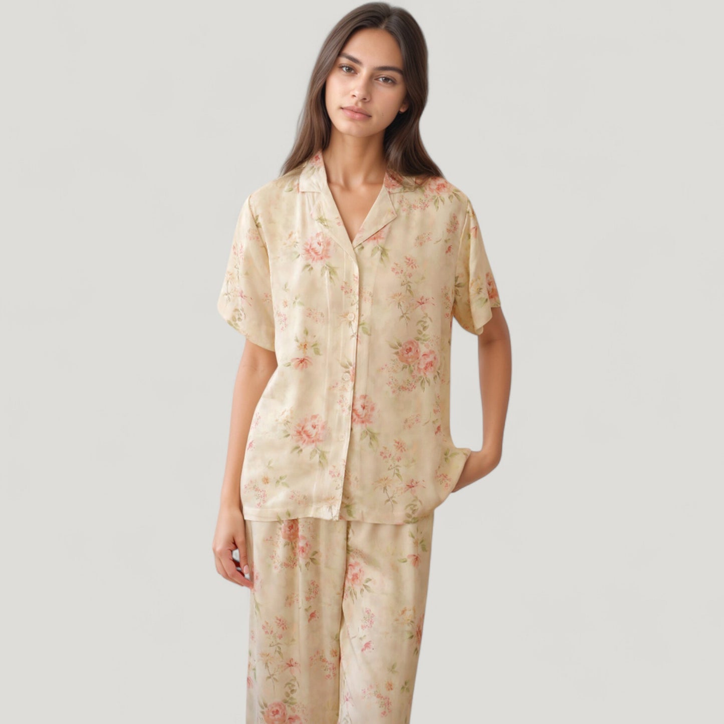 Long Sleeve Floral Pajama Set Button-Up Notched Collar Top with Matching Wide Leg Pants