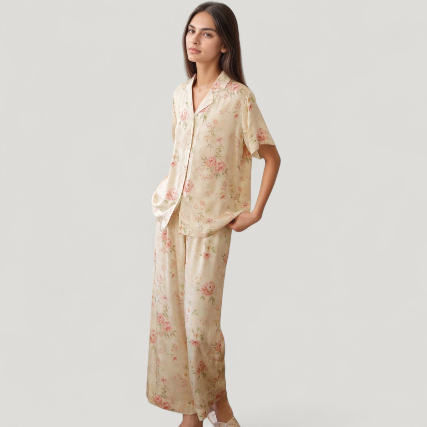Long Sleeve Floral Pajama Set Button-Up Notched Collar Top with Matching Wide Leg Pants