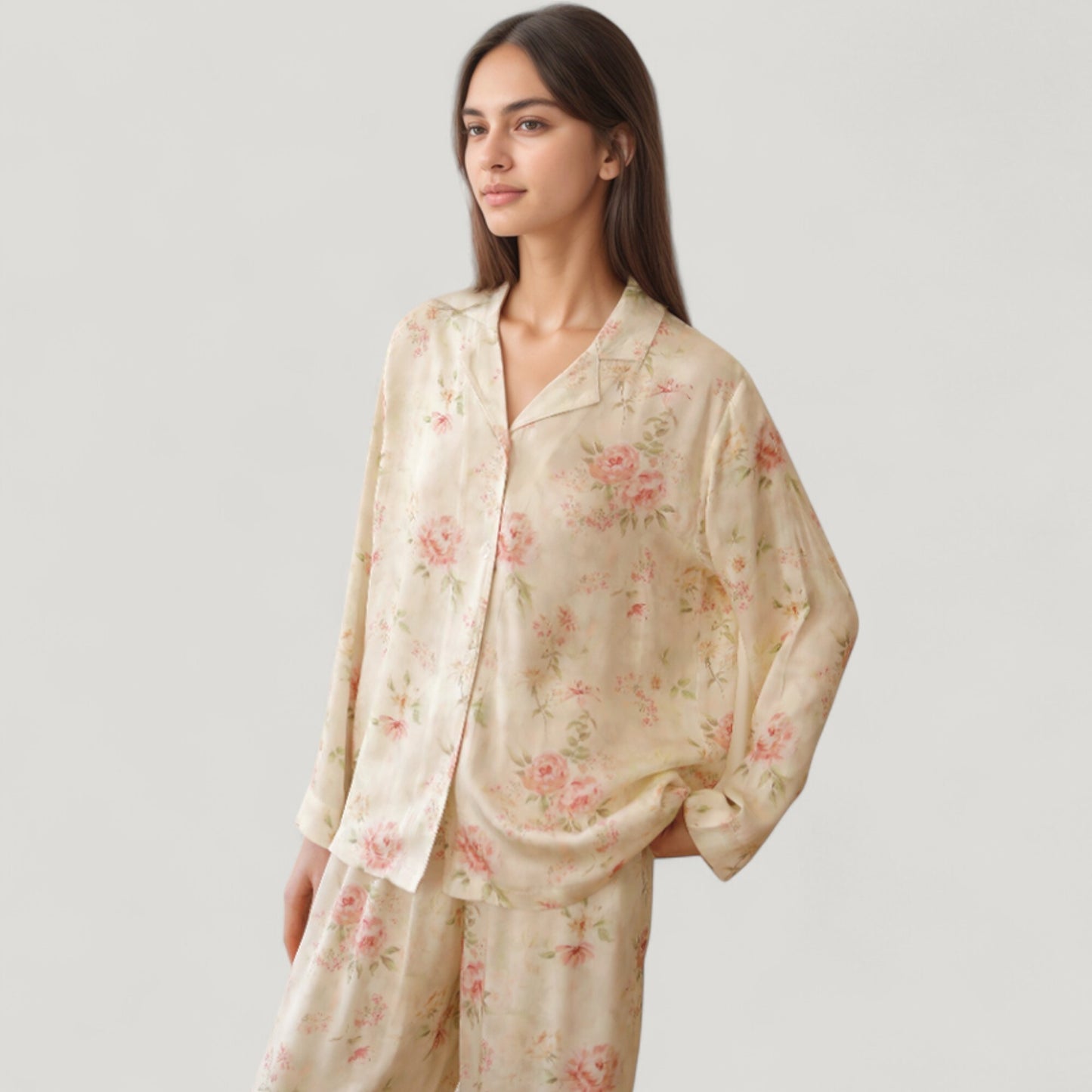 Long Sleeve Floral Pajama Set Button-Up Notched Collar Top with Matching Wide Leg Pants