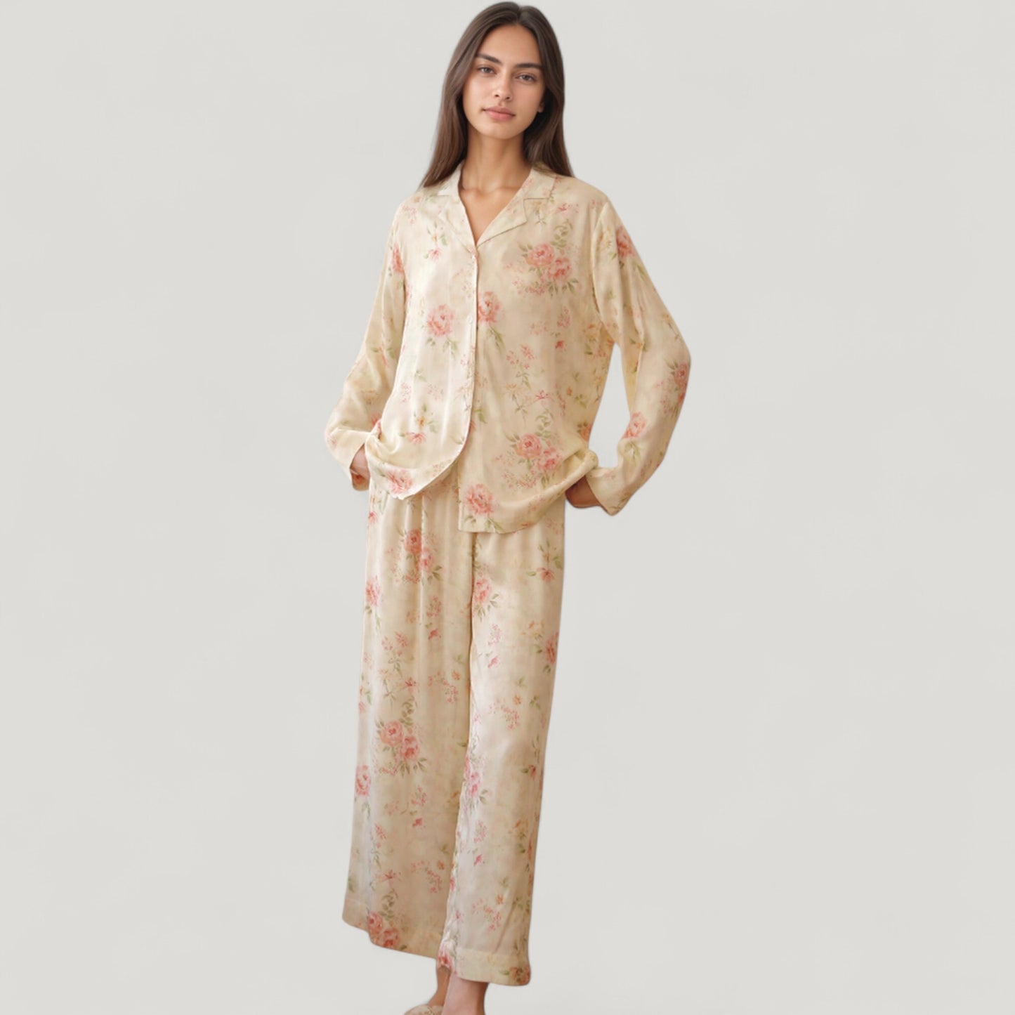 Long Sleeve Floral Pajama Set Button-Up Notched Collar Top with Matching Wide Leg Pants