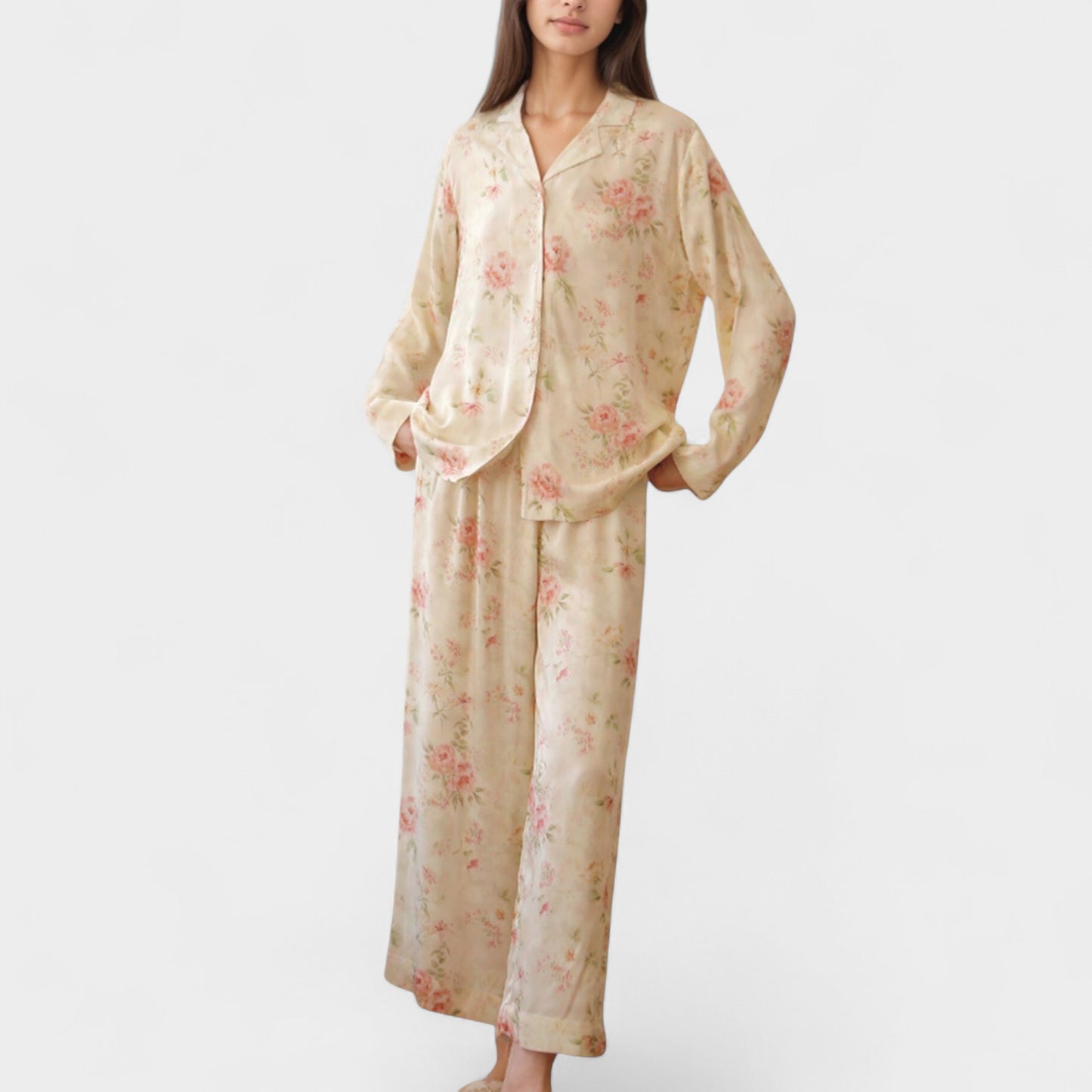 Long Sleeve Floral Pajama Set Button-Up Notched Collar Top with Matching Wide Leg Pants