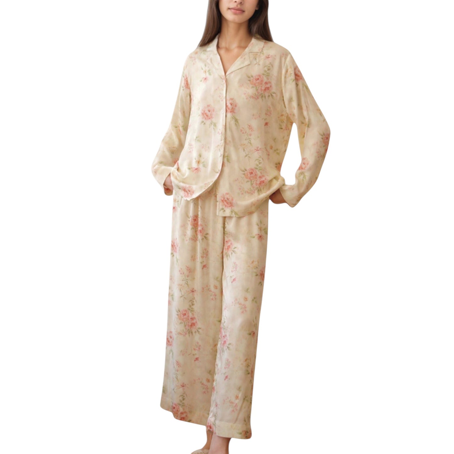 Long Sleeve Floral Pajama Set Button-Up Notched Collar Top with Matching Wide Leg Pants