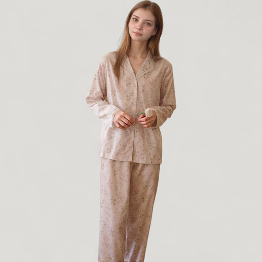 Long Sleeve Pajama Set Small Floral Print Button-Up Top with Notch Collar and Relaxed Fit Pants