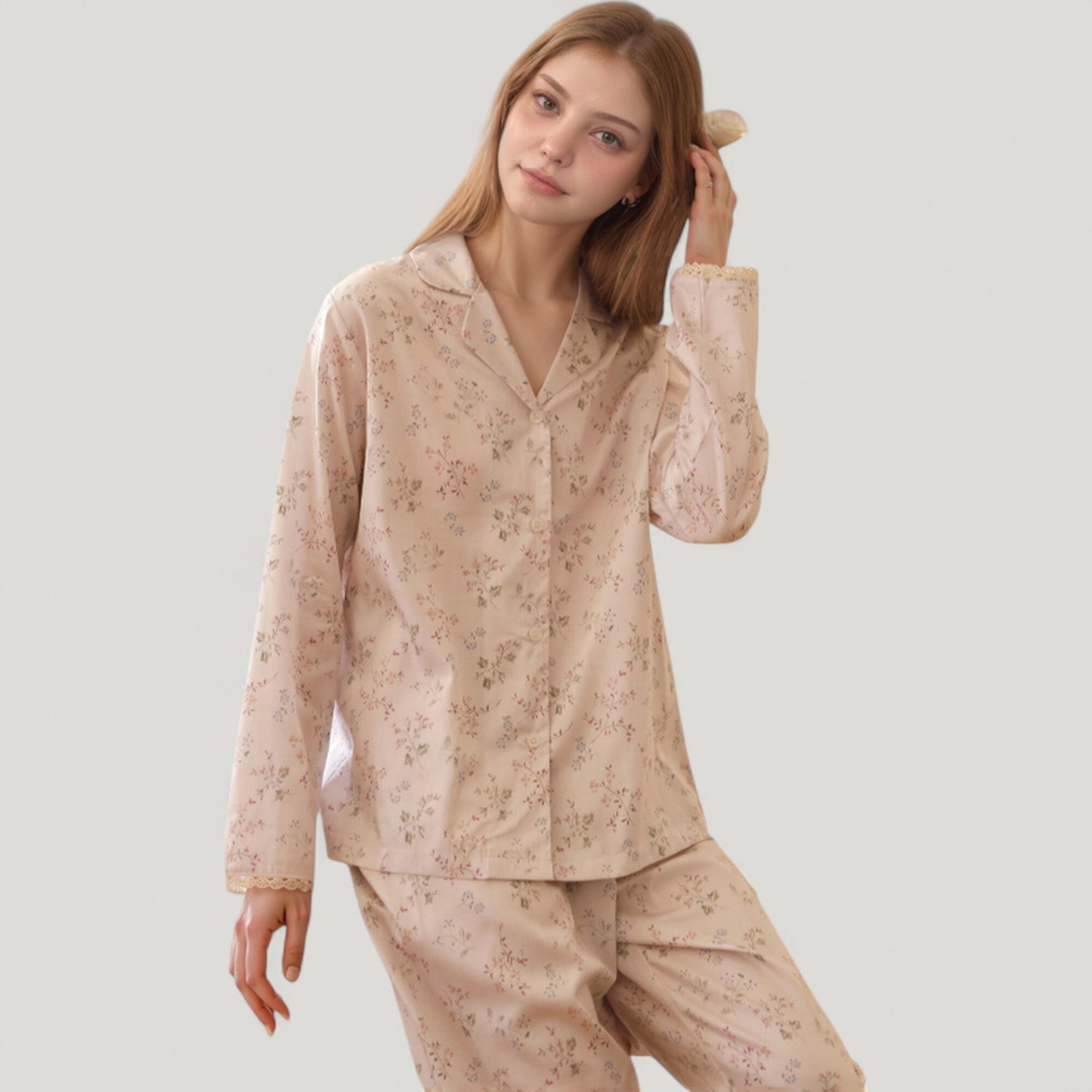 Long Sleeve Pajama Set Small Floral Print Button-Up Top with Notch Collar and Relaxed Fit Pants