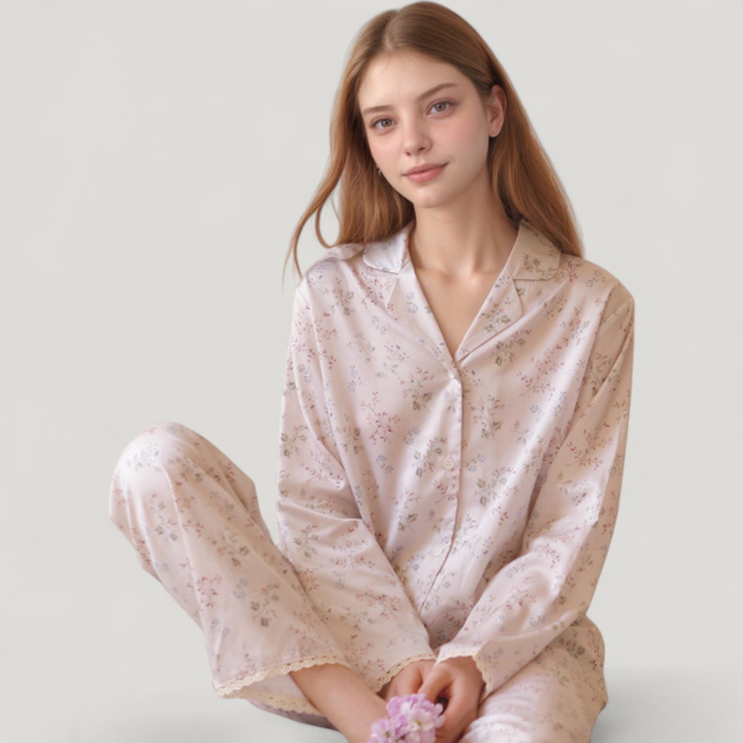 Long Sleeve Pajama Set Small Floral Print Button-Up Top with Notch Collar and Relaxed Fit Pants