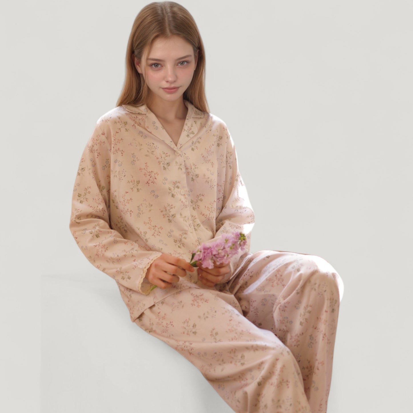 Long Sleeve Pajama Set Small Floral Print Button-Up Top with Notch Collar and Relaxed Fit Pants