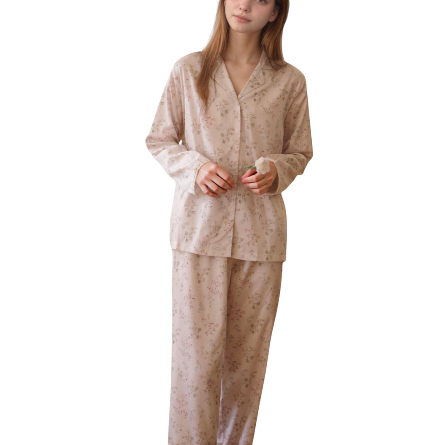 Long Sleeve Pajama Set Small Floral Print Button-Up Top with Notch Collar and Relaxed Fit Pants