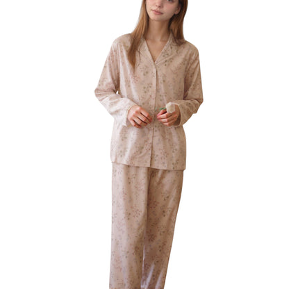 Long Sleeve Pajama Set Small Floral Print Button-Up Top with Notch Collar and Relaxed Fit Pants
