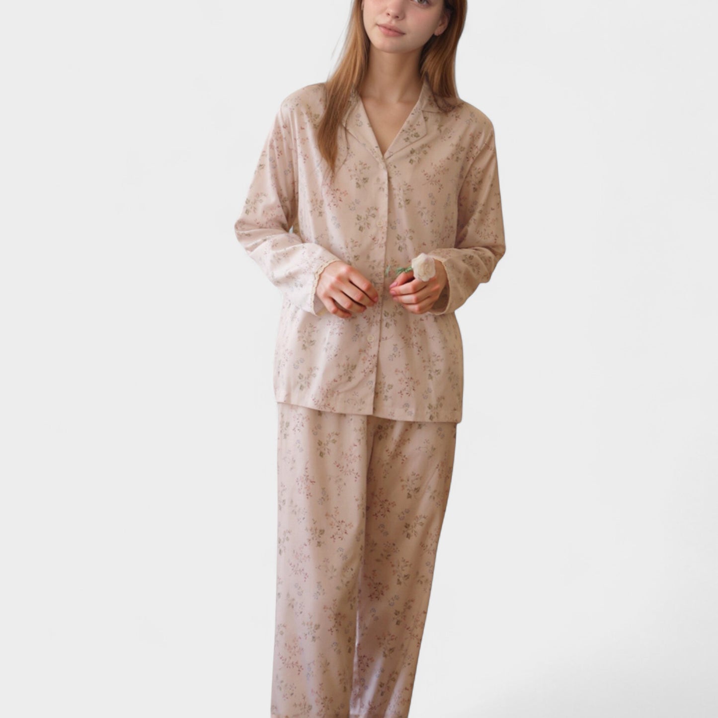 Long Sleeve Pajama Set Small Floral Print Button-Up Top with Notch Collar and Relaxed Fit Pants