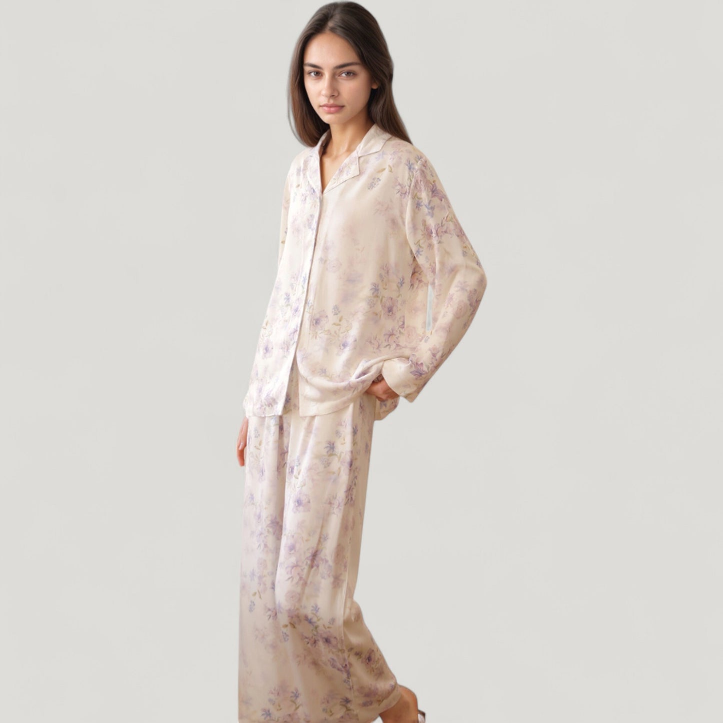 Long Sleeve Pajama Set Watercolor Floral Print Button-Up Top with Relaxed Wide Leg Pants