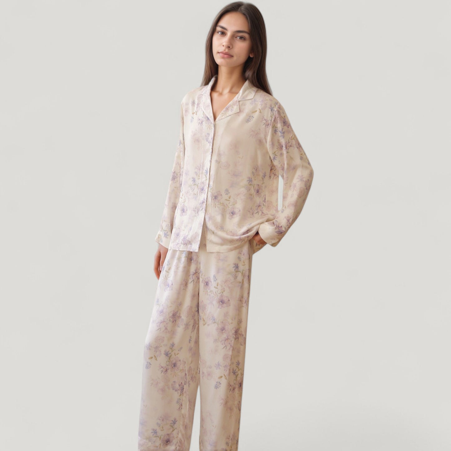 Long Sleeve Pajama Set Watercolor Floral Print Button-Up Top with Relaxed Wide Leg Pants