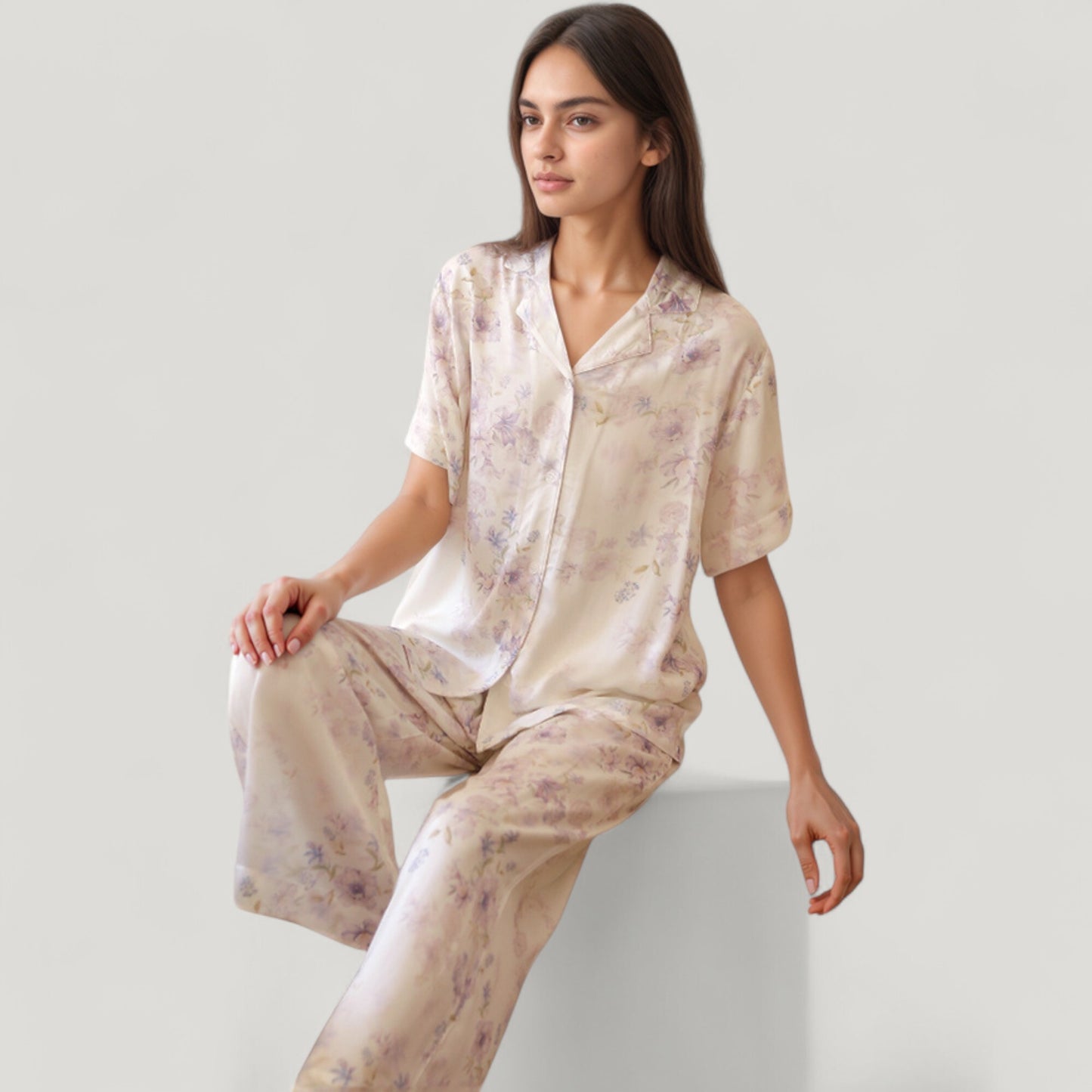 Long Sleeve Pajama Set Watercolor Floral Print Button-Up Top with Relaxed Wide Leg Pants
