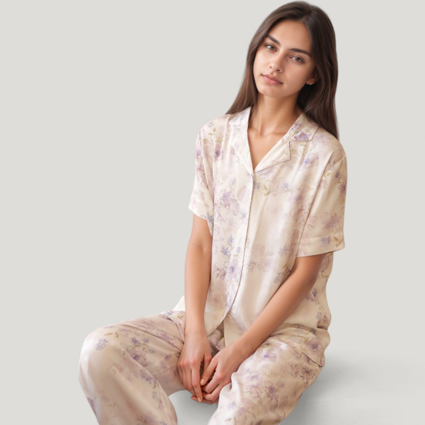 Long Sleeve Pajama Set Watercolor Floral Print Button-Up Top with Relaxed Wide Leg Pants