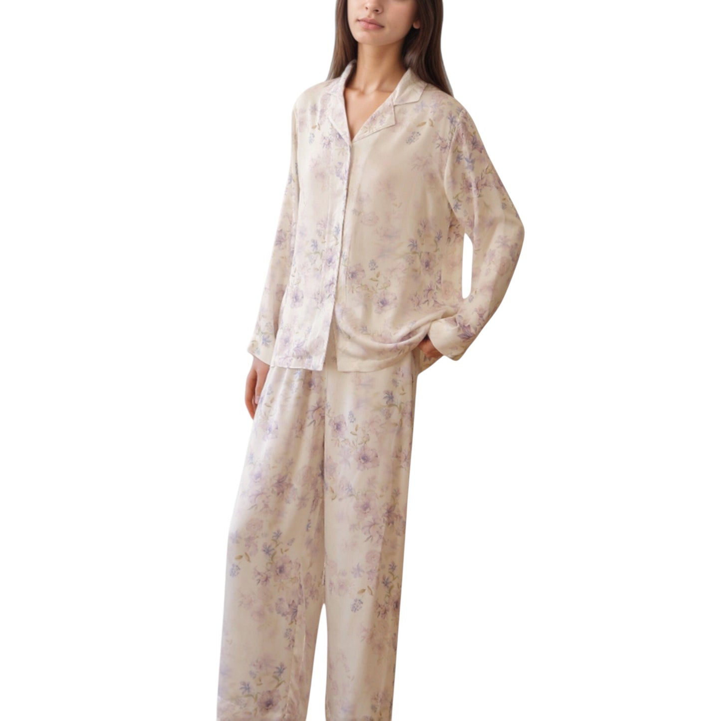 Long Sleeve Pajama Set Watercolor Floral Print Button-Up Top with Relaxed Wide Leg Pants