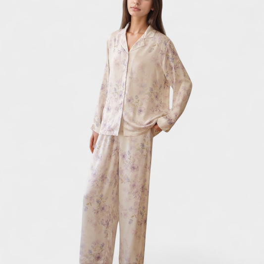 Long Sleeve Pajama Set Watercolor Floral Print Button-Up Top with Relaxed Wide Leg Pants