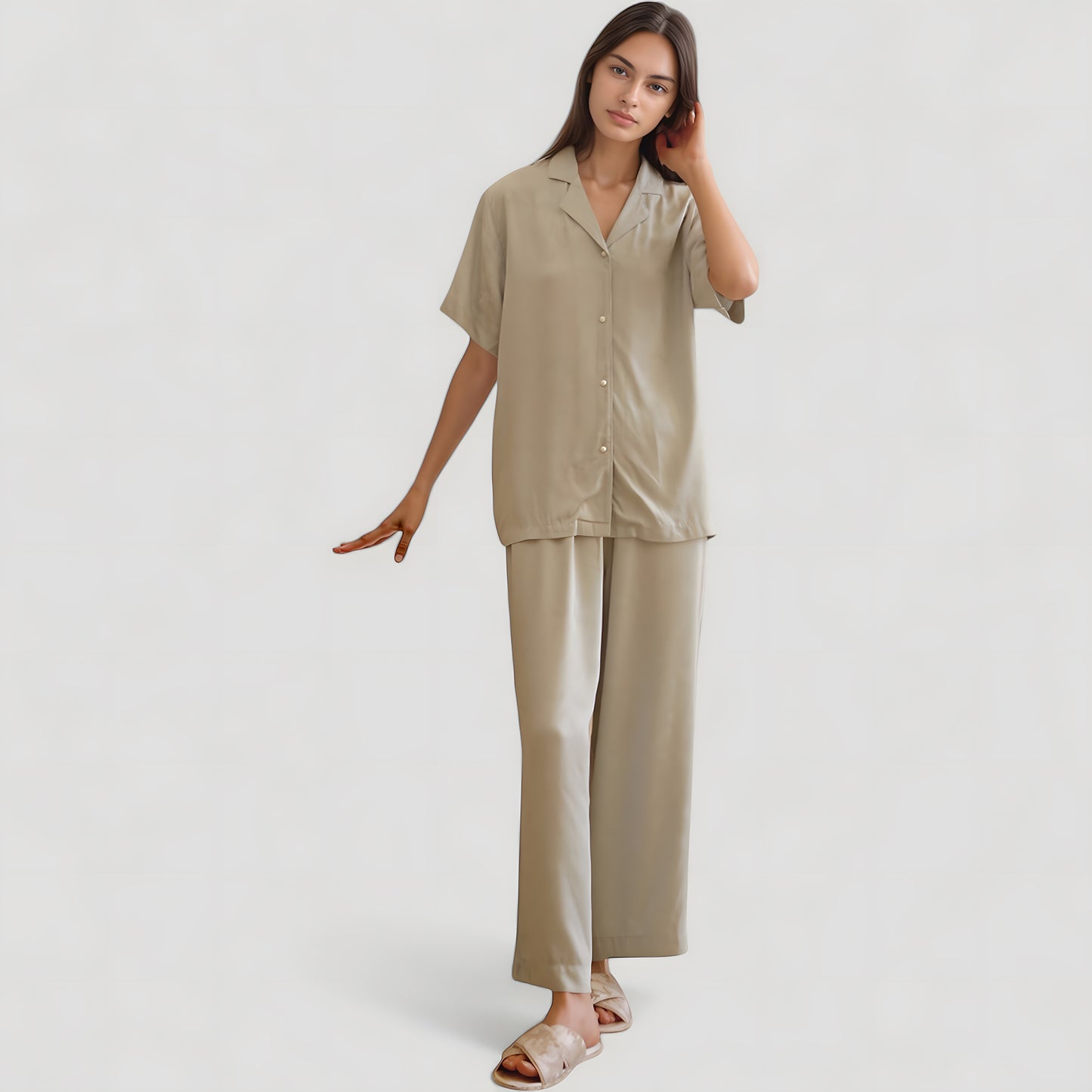 Satin Button-Up Pajama Set with Short Sleeves and Relaxed Fit Wide Leg Pants