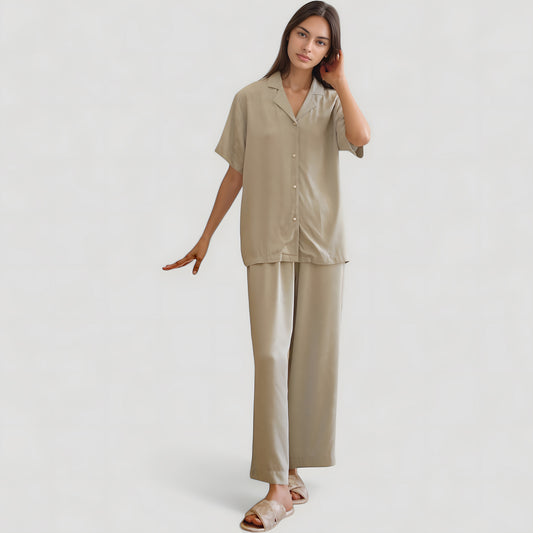 Satin Button-Up Pajama Set with Short Sleeves and Relaxed Fit Wide Leg Pants