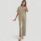 Satin Button-Up Pajama Set with Short Sleeves and Relaxed Fit Wide Leg Pants