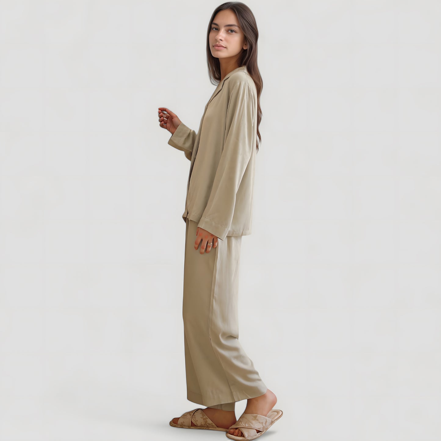 Satin Button-Up Pajama Set with Short Sleeves and Relaxed Fit Wide Leg Pants