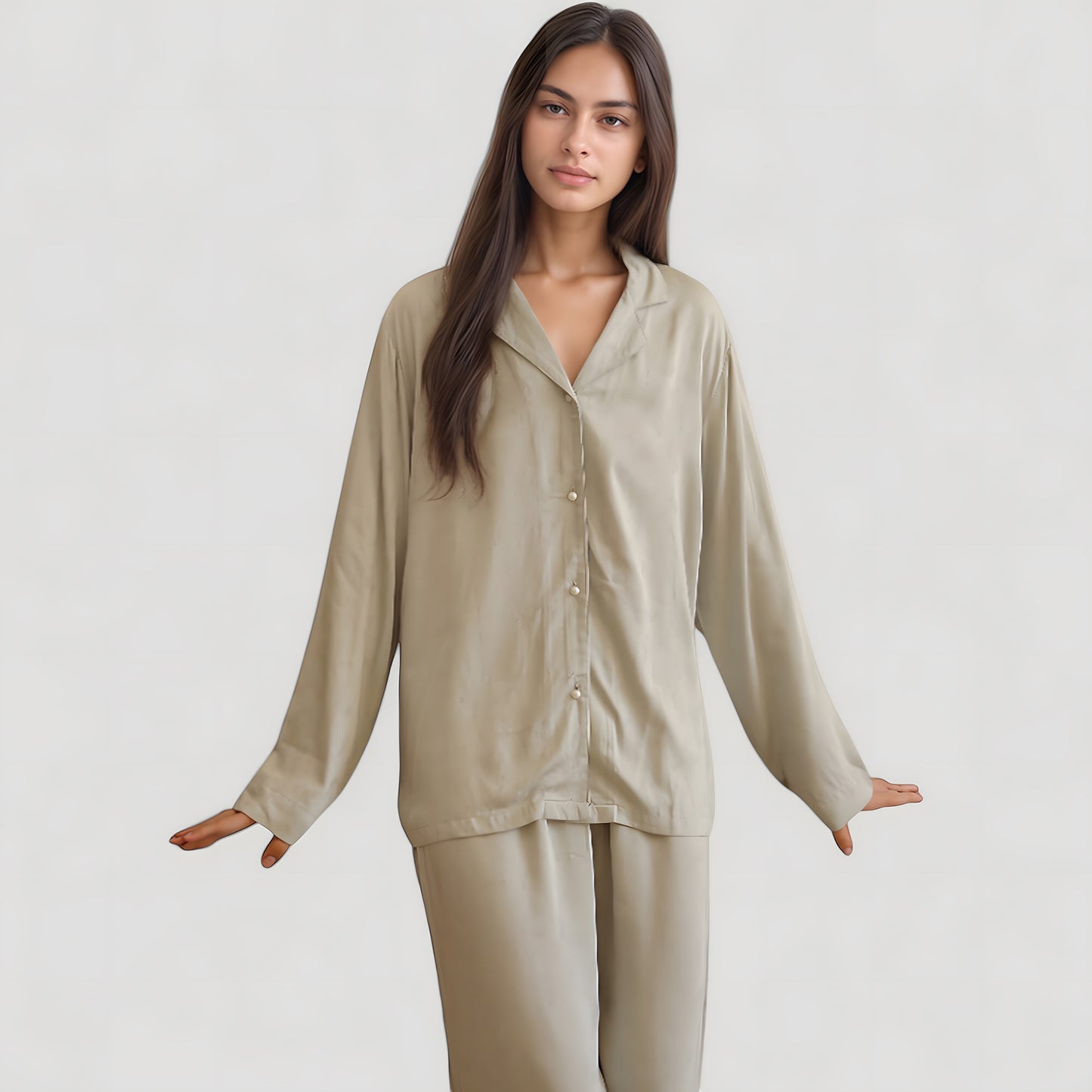 Satin Button-Up Pajama Set with Short Sleeves and Relaxed Fit Wide Leg Pants