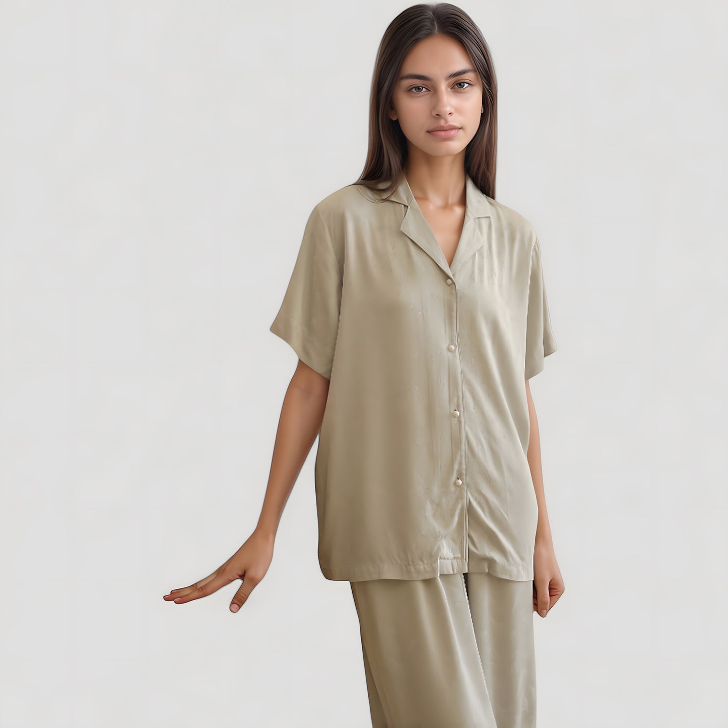 Satin Button-Up Pajama Set with Short Sleeves and Relaxed Fit Wide Leg Pants