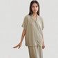 Satin Button-Up Pajama Set with Short Sleeves and Relaxed Fit Wide Leg Pants