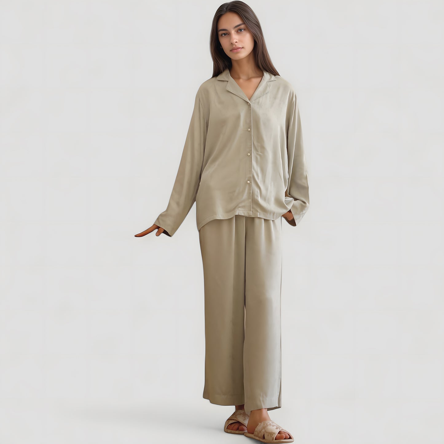 Satin Button-Up Pajama Set with Short Sleeves and Relaxed Fit Wide Leg Pants
