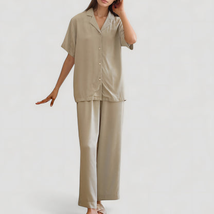 Satin Button-Up Pajama Set with Short Sleeves and Relaxed Fit Wide Leg Pants