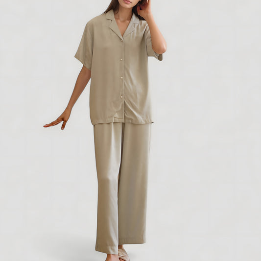 Satin Button-Up Pajama Set with Short Sleeves and Relaxed Fit Wide Leg Pants