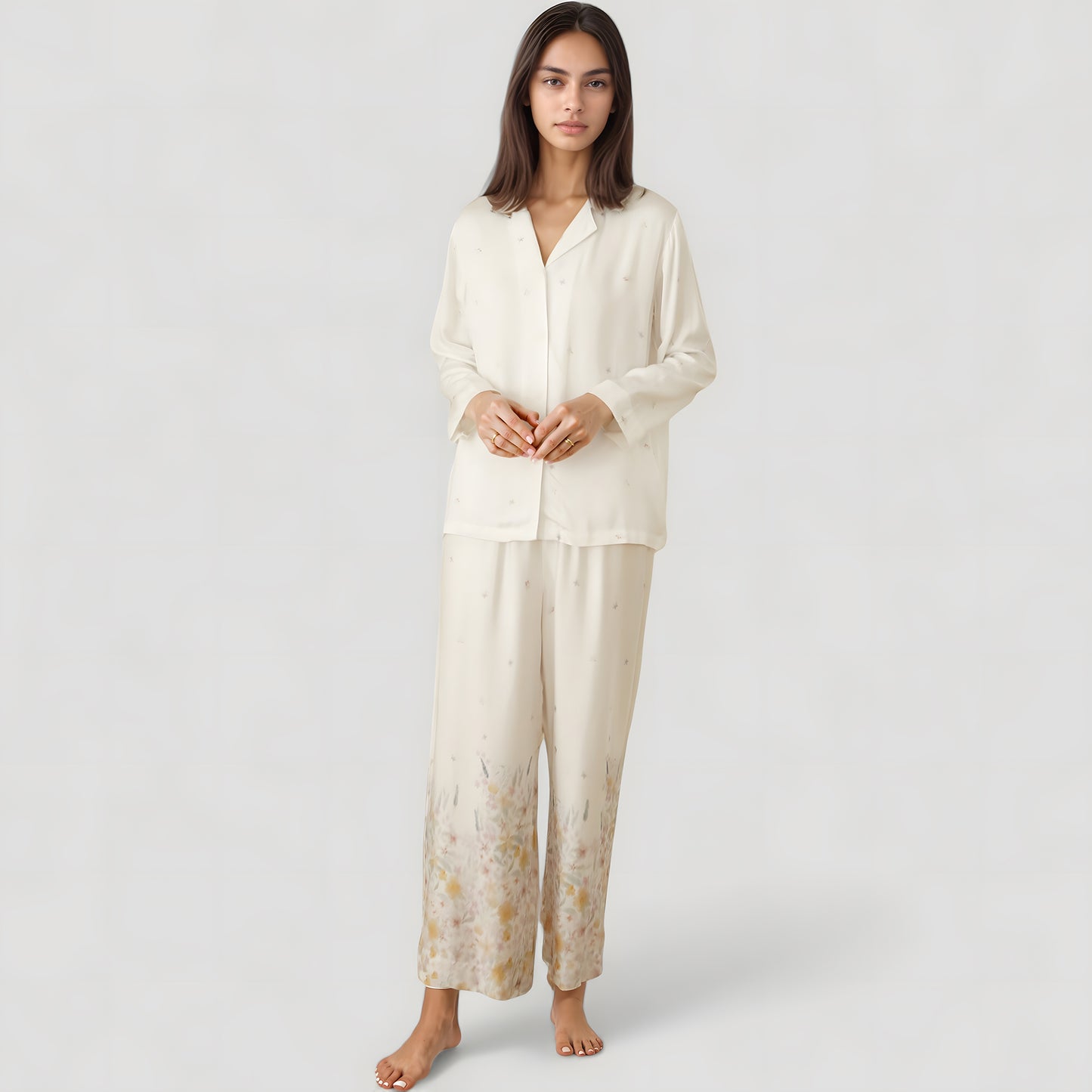 Floral Hem Pajama Set with Long Sleeve Top and Relaxed Fit Wide Leg Pants