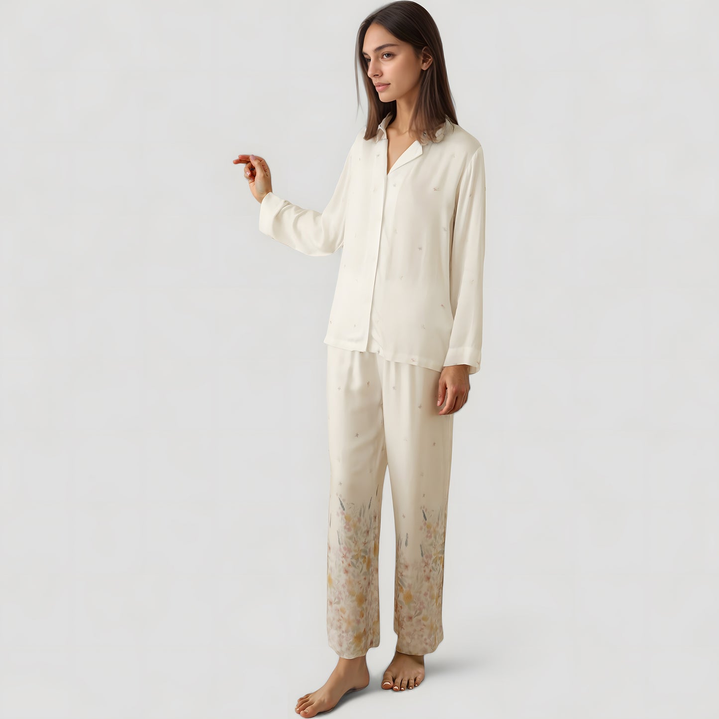 Floral Hem Pajama Set with Long Sleeve Top and Relaxed Fit Wide Leg Pants