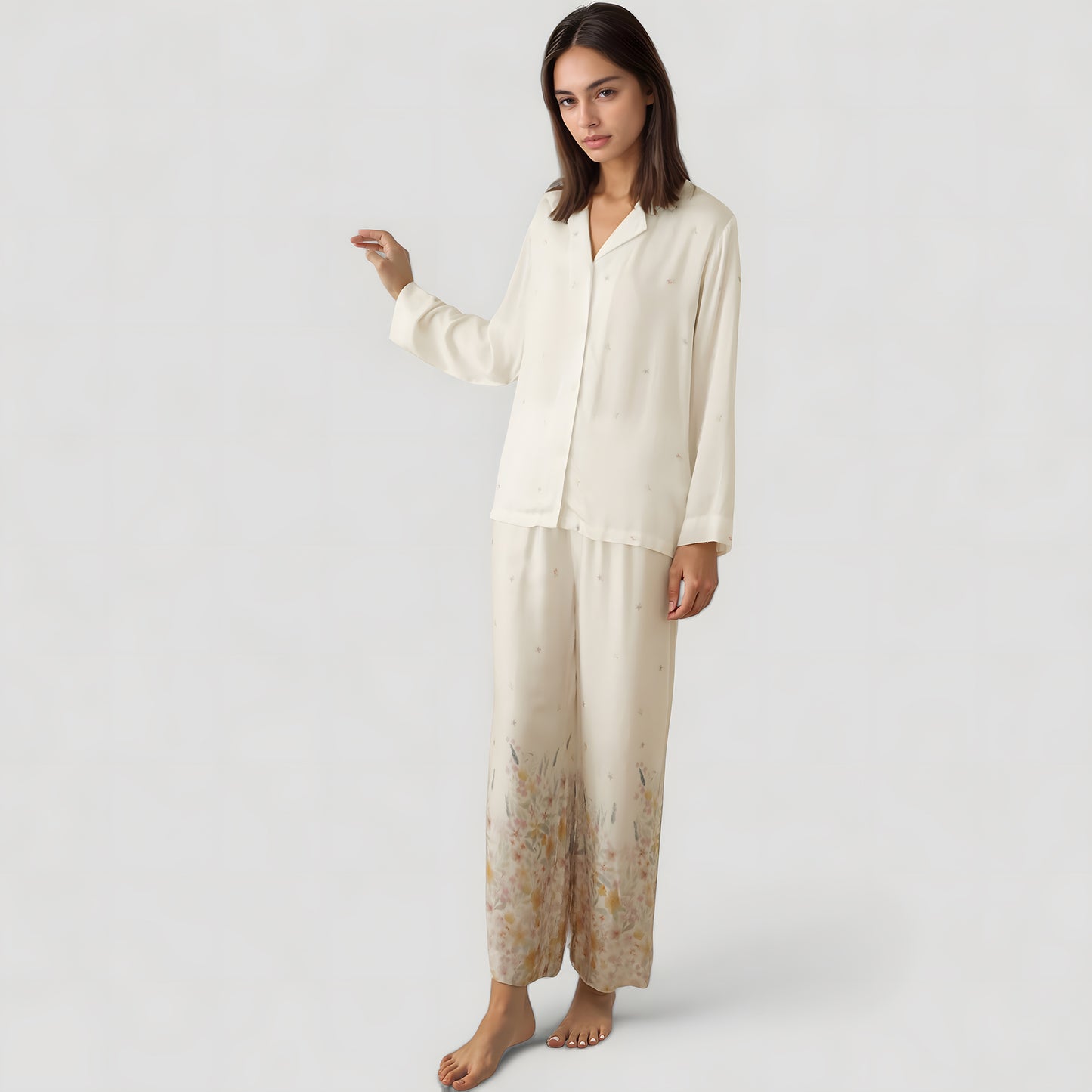 Floral Hem Pajama Set with Long Sleeve Top and Relaxed Fit Wide Leg Pants