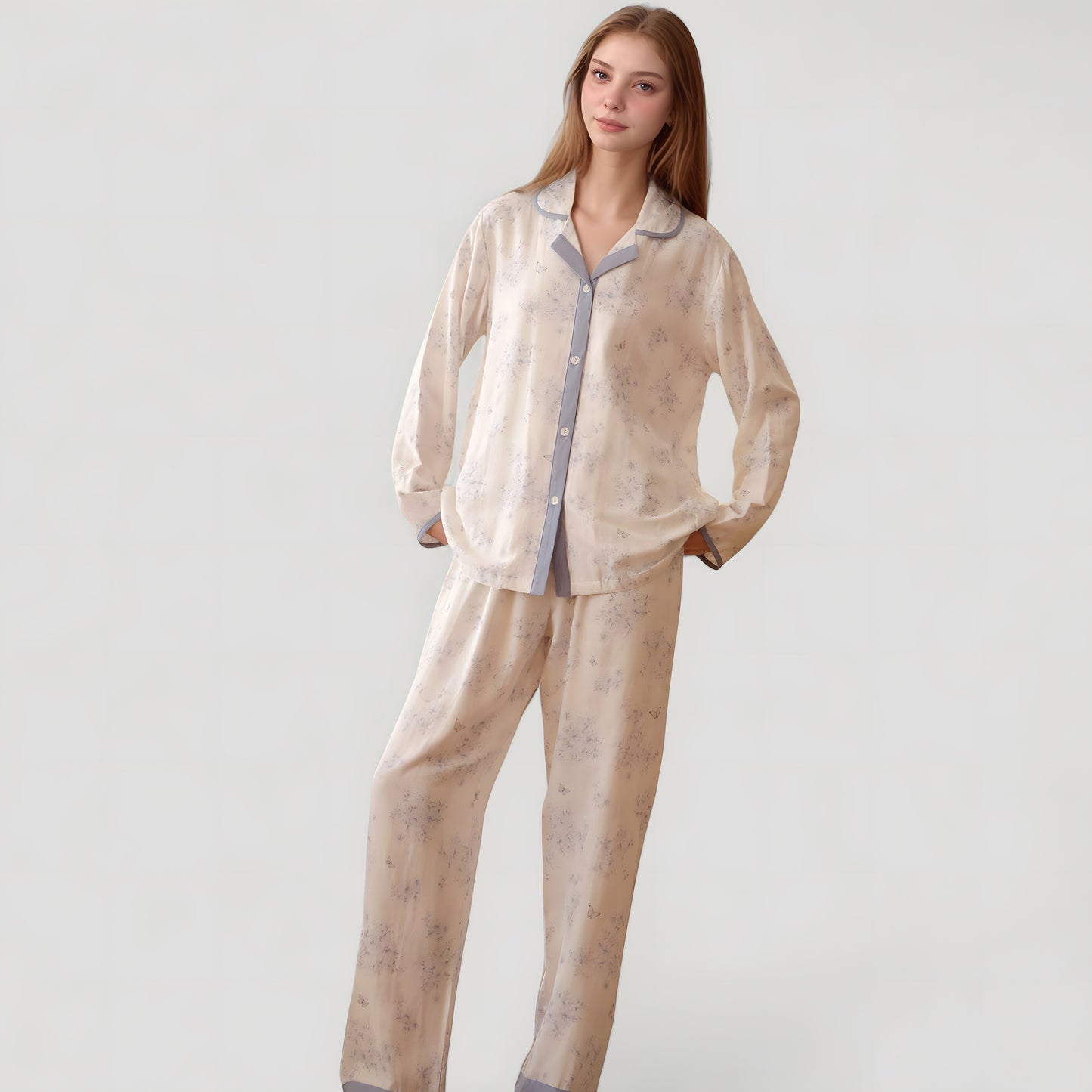 Floral Print Long Sleeve Pajama Set with Contrast Piping Trim and Relaxed Button-Up Shirt