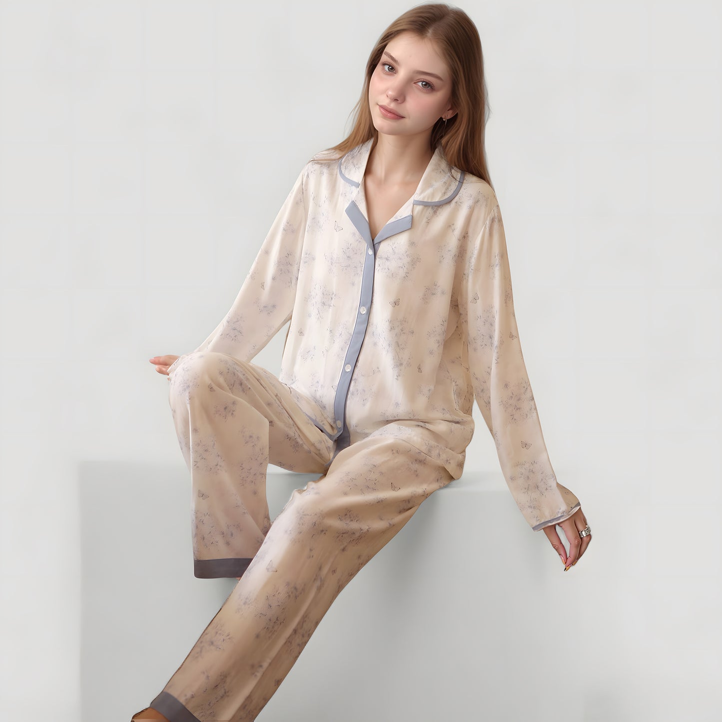 Floral Print Long Sleeve Pajama Set with Contrast Piping Trim and Relaxed Button-Up Shirt