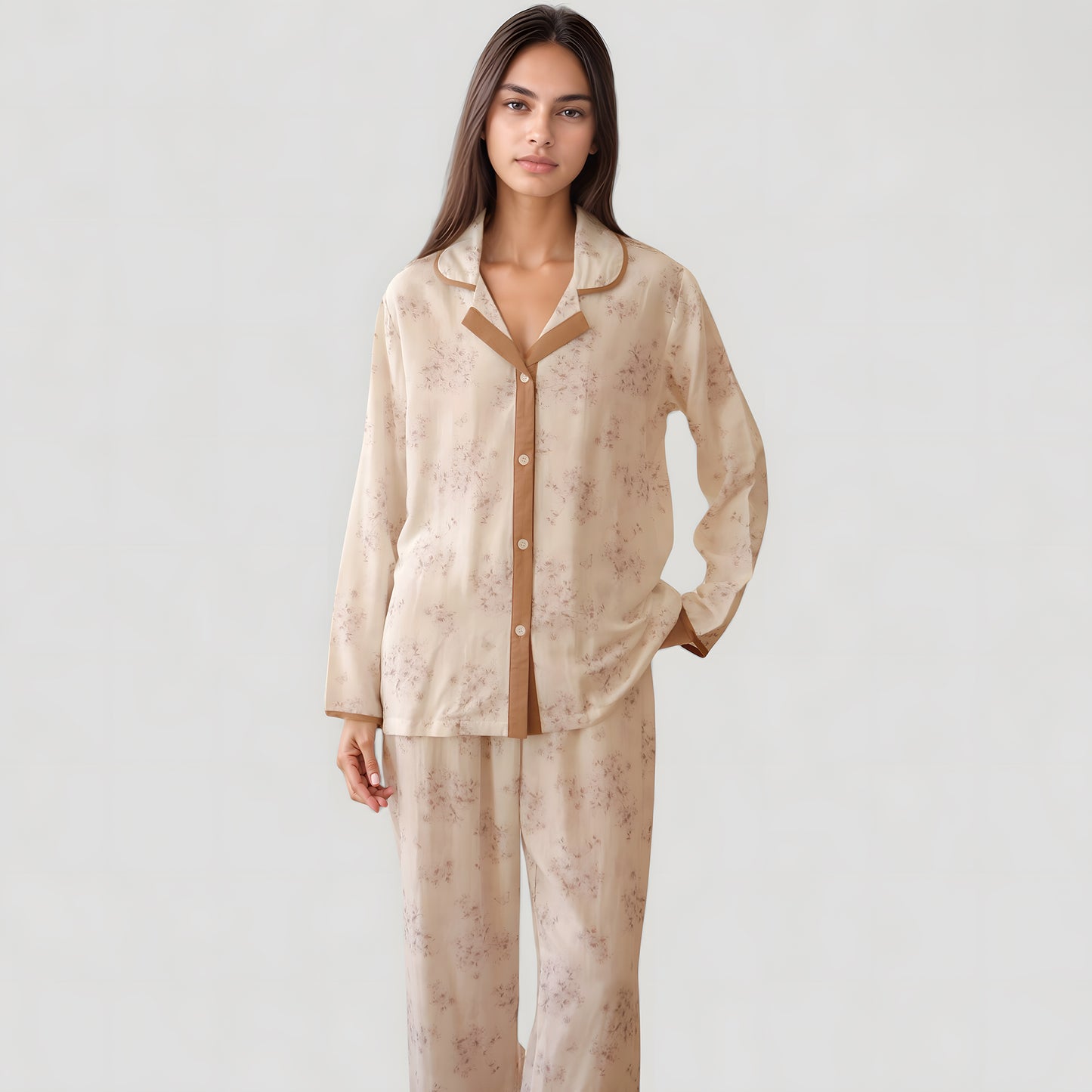 Floral Print Long Sleeve Pajama Set with Contrast Piping Trim and Relaxed Button-Up Shirt