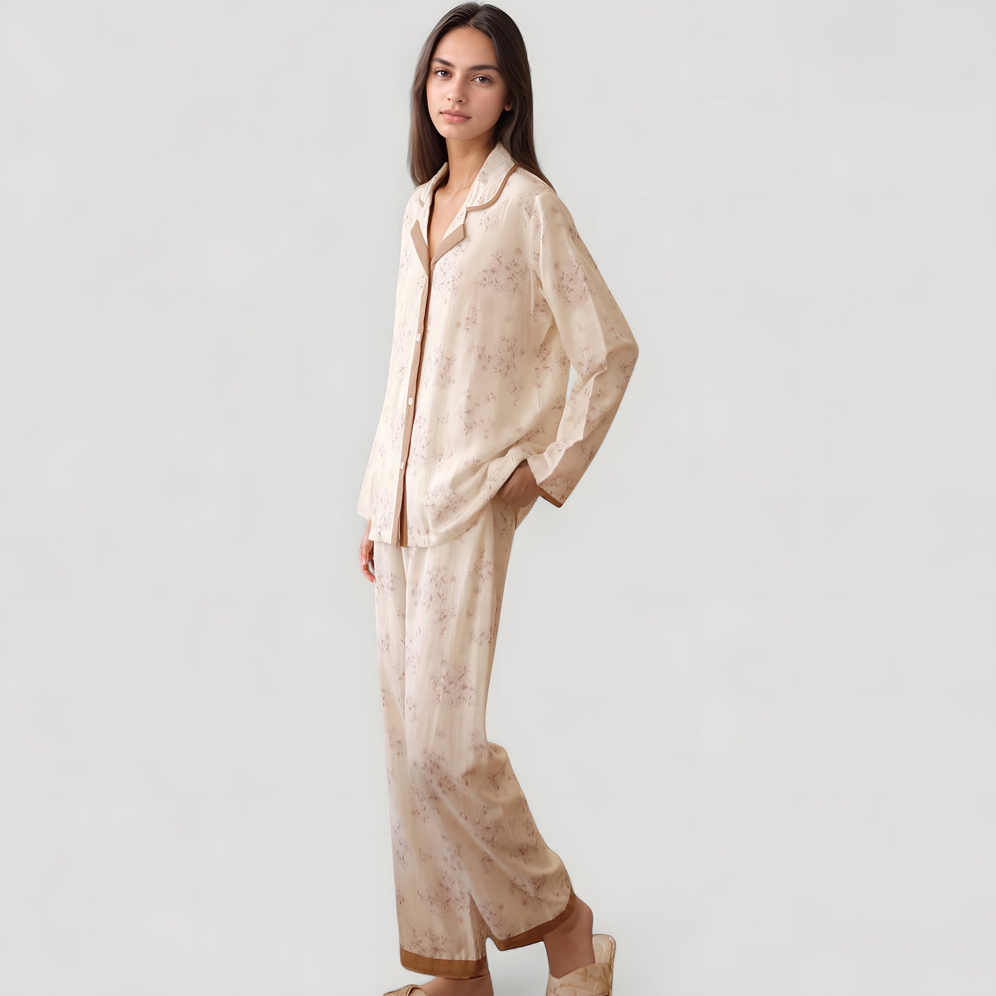 Floral Print Long Sleeve Pajama Set with Contrast Piping Trim and Relaxed Button-Up Shirt